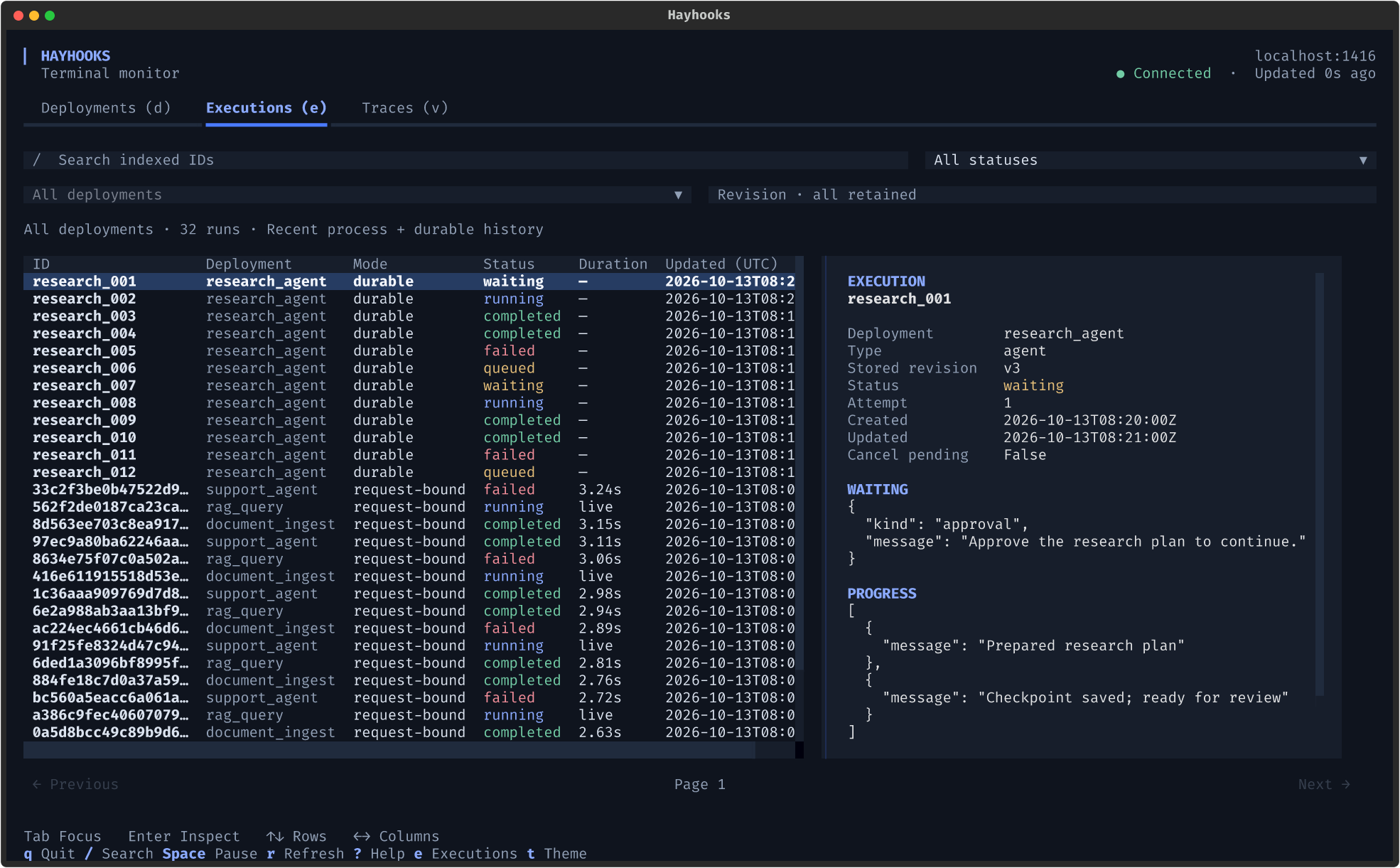 Execution view showing ordinary and durable demo runs with the selected execution's details