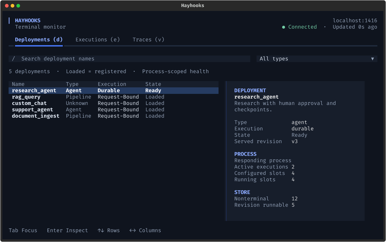 Deployment view with metadata and durable health in the inspector